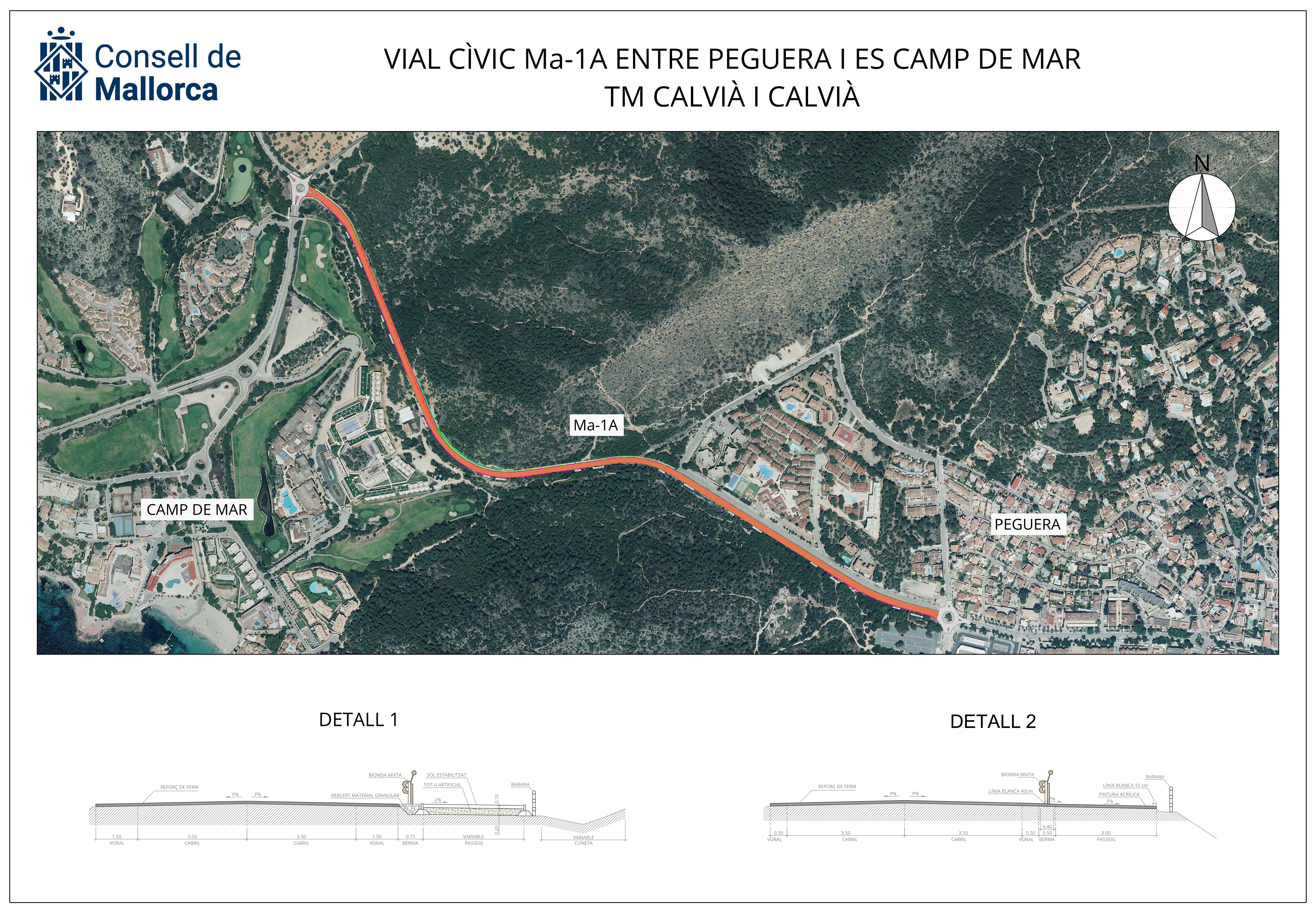 Recorrido que hará el nuevo vial cívico que conecta este tramo entre las rotondas de Peguera y Camp de Mar.
