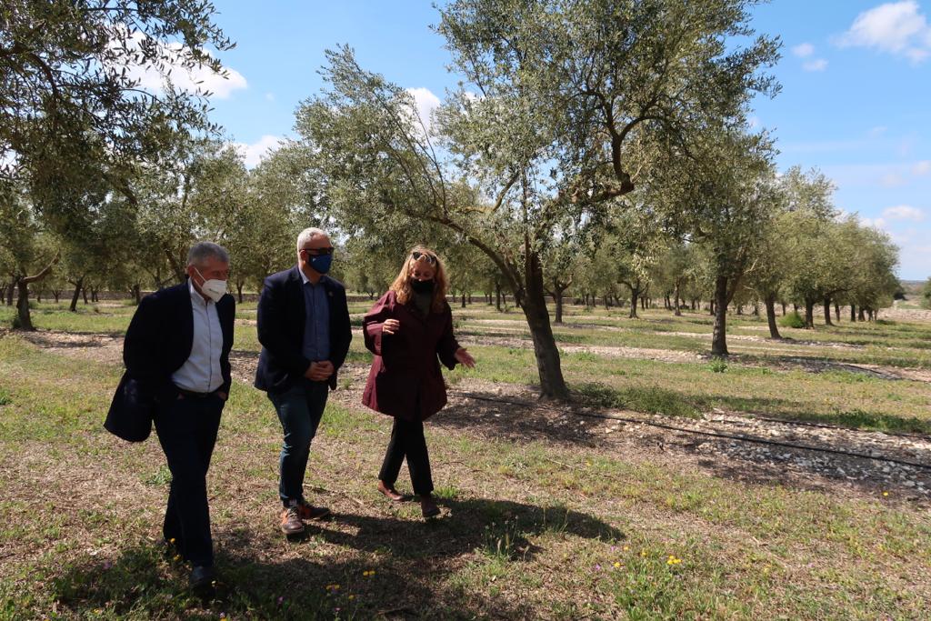 El conseller Jaume Alzamora, el director Joan Font i Tiffany Blackman (delegada) durant la visita a Aubocassa.