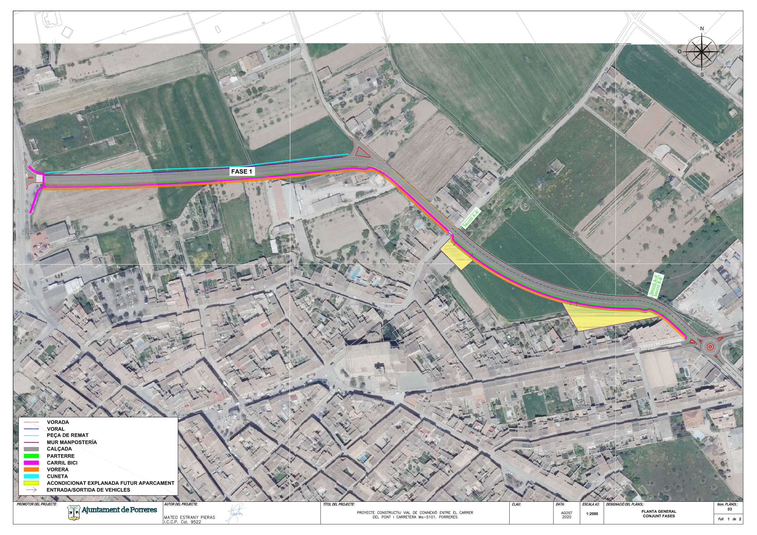 Plano de la ronda de Porreres completa donde incluye la Fase 1, ya construida, i la fase 2 que esta por construir.