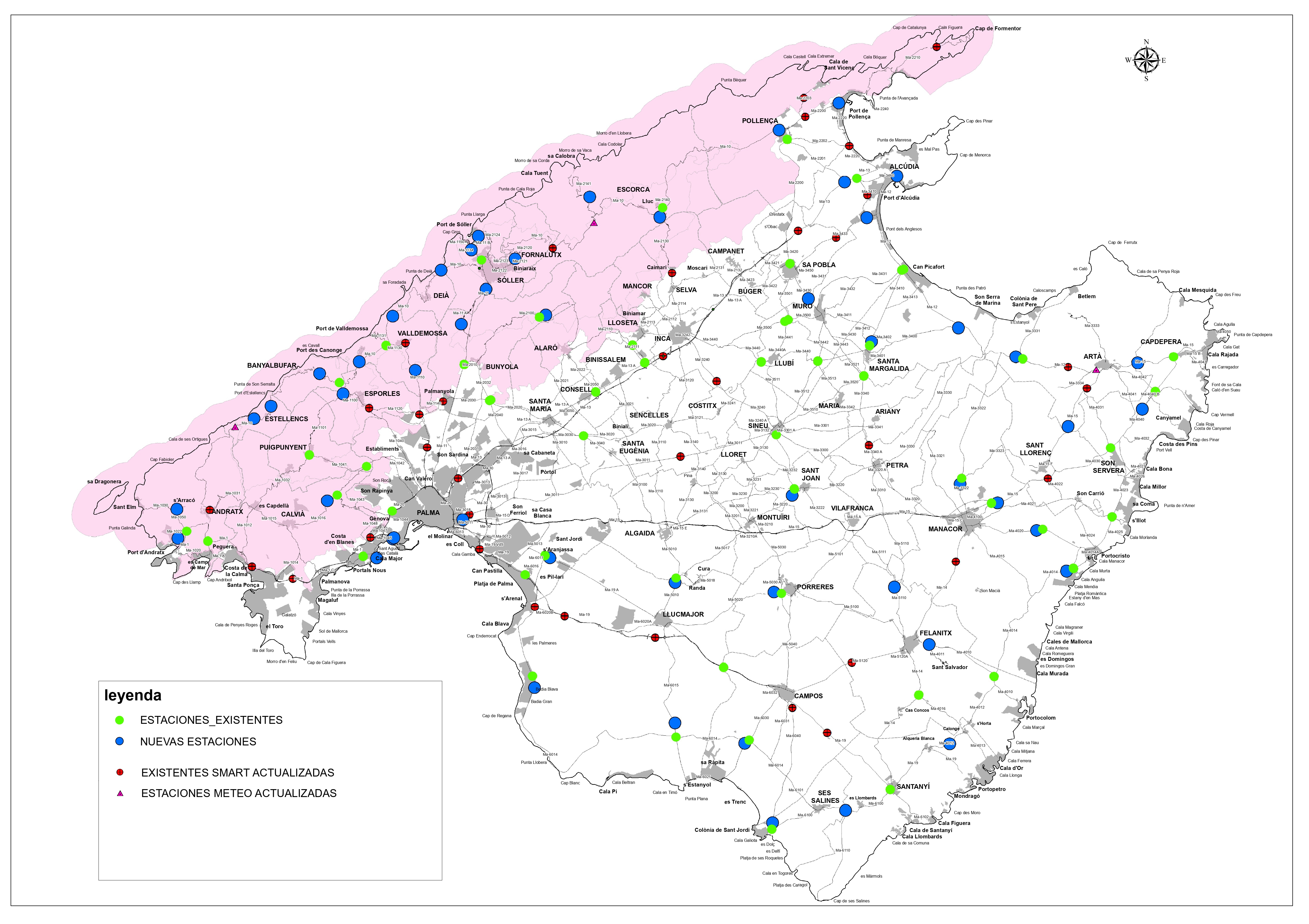 Mapa de la red de 205 cámaras de vigilancia que se instalaran en las carreteras de Mallorca, sin incluir las de los puertos.