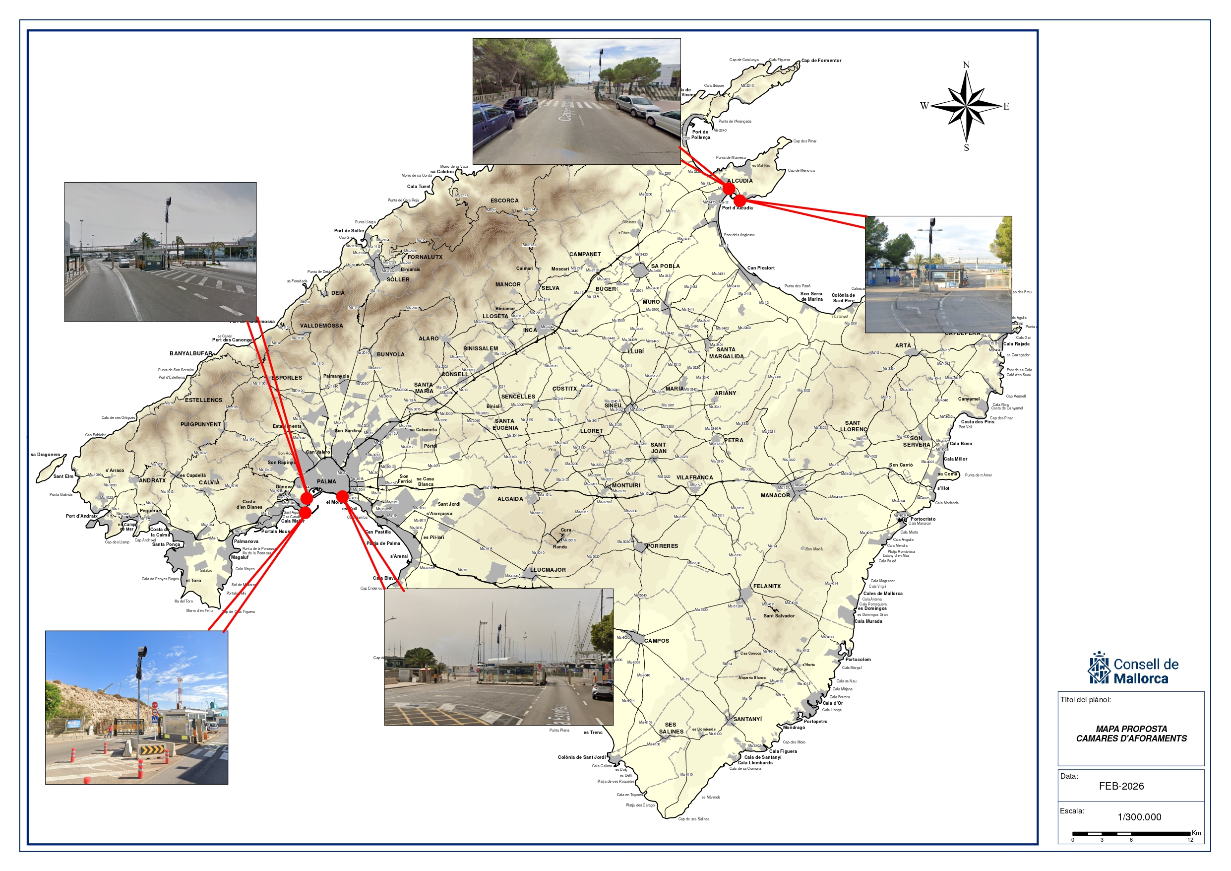 Mapa de las 5 cámaras que se pondran en los puertos de Alcúdia y Palma.