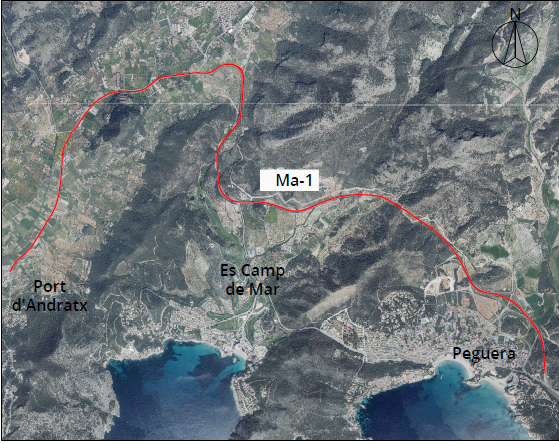 Tram de carretera on es renovarà l'asfaltatge que va des dels afores de Peguera fins al Port d'Andratx.