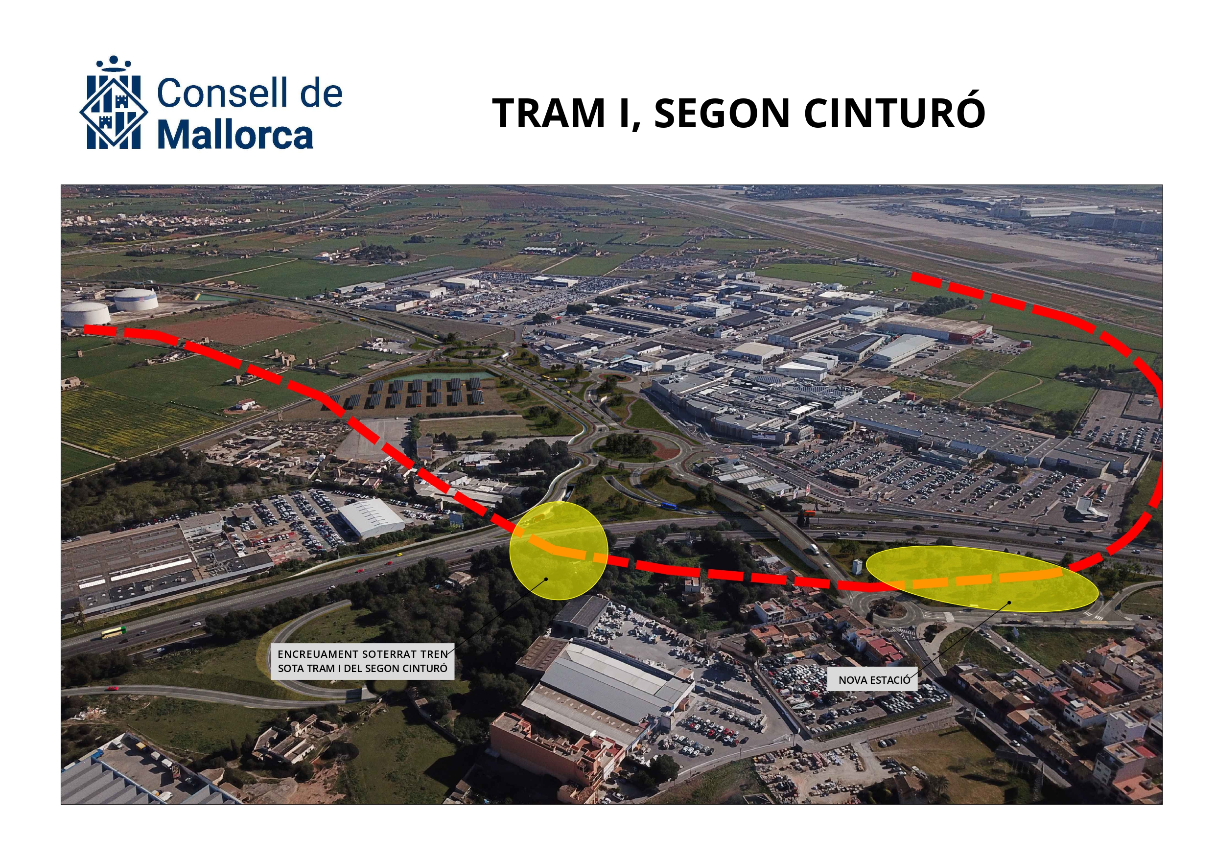 Tram I del segon cinturó amb el traçat del tren i les noves ubicacions de l'estació del Coll d'En Rebassa i de l'encreuament subterrani.