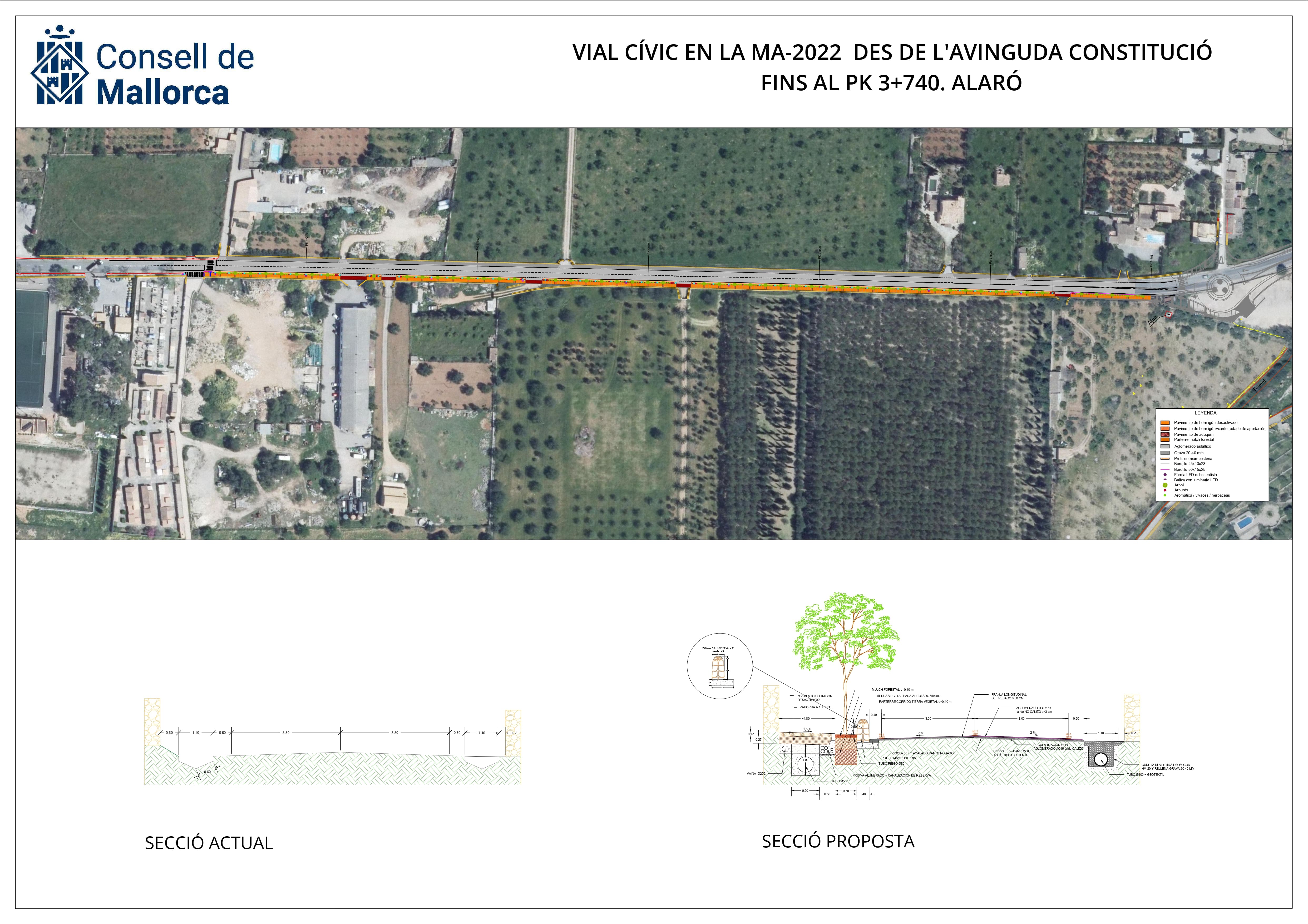 Mapa del proyecto y ruta que seguirá el nuevo vial cívico de Alaró.