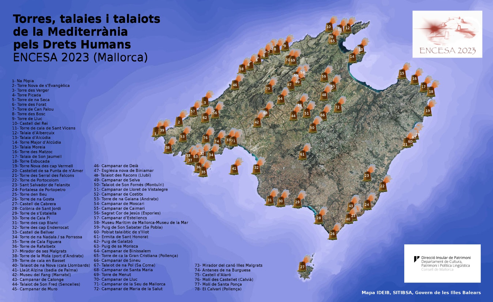 Mapa de les torres, talaies i talaiots que duran a terme l'encesa